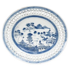 Antique Chinese Export Blue & White Canton Porcelain Reticulated Tray
