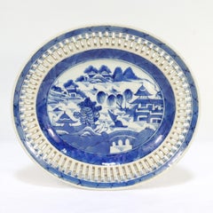 Antique Chinese Export Blue & White Canton Porcelain Reticulated Tray or Platter