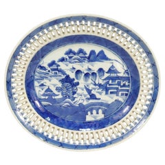 Antique Chinese Export Blue & White Canton Porcelain Reticulated Tray or Platter