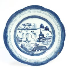 Antique Chinese Export Blue & White Canton Porcelain Scalloped Plate