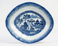 Antique Chinese Export Blue & White Canton Porcelain Serving Plate or Platter