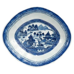Antique Chinese Export Blue & White Canton Porcelain Serving Plate or Platter