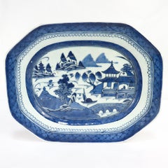 Antique Chinese Export Blue & White Canton Porcelain Serving Platter or Tray