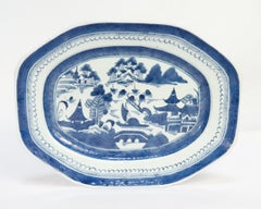 Antique Chinese Export Blue & White Canton Porcelain Serving Platter or Tray