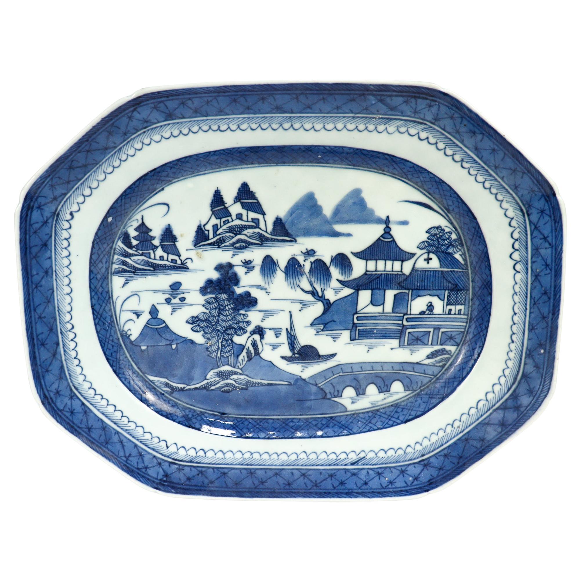 Antique Chinese Export Blue 
White Canton Porcelain Serving Platter or Tray