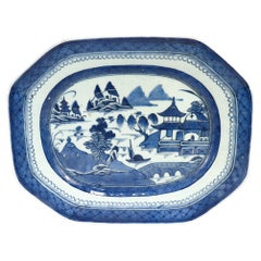 Antique Chinese Export Blue 
White Canton Porcelain Serving Platter or Tray