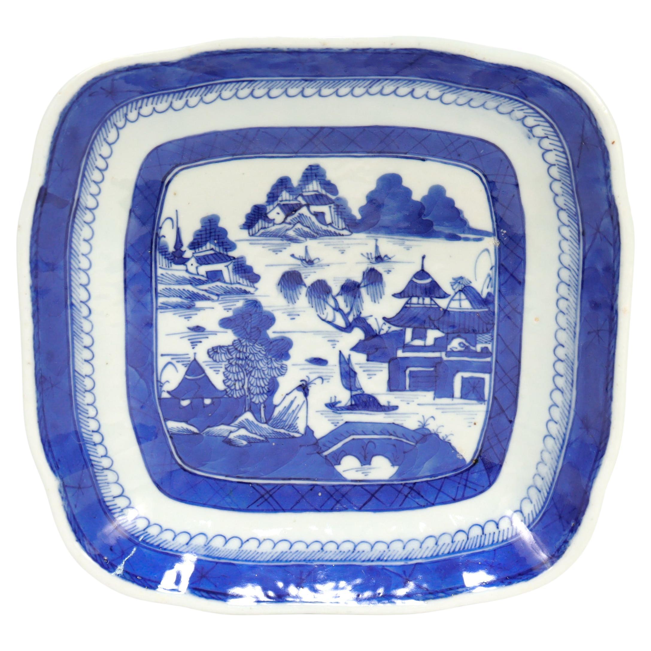 Antique Chinese Export Blue & White Canton Porcelain Square Bowl
