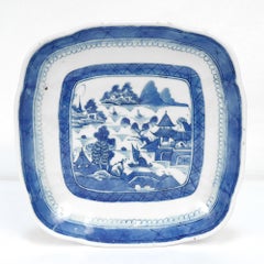 Antique Chinese Export Blue & White Canton Porcelain Square Serving Plate