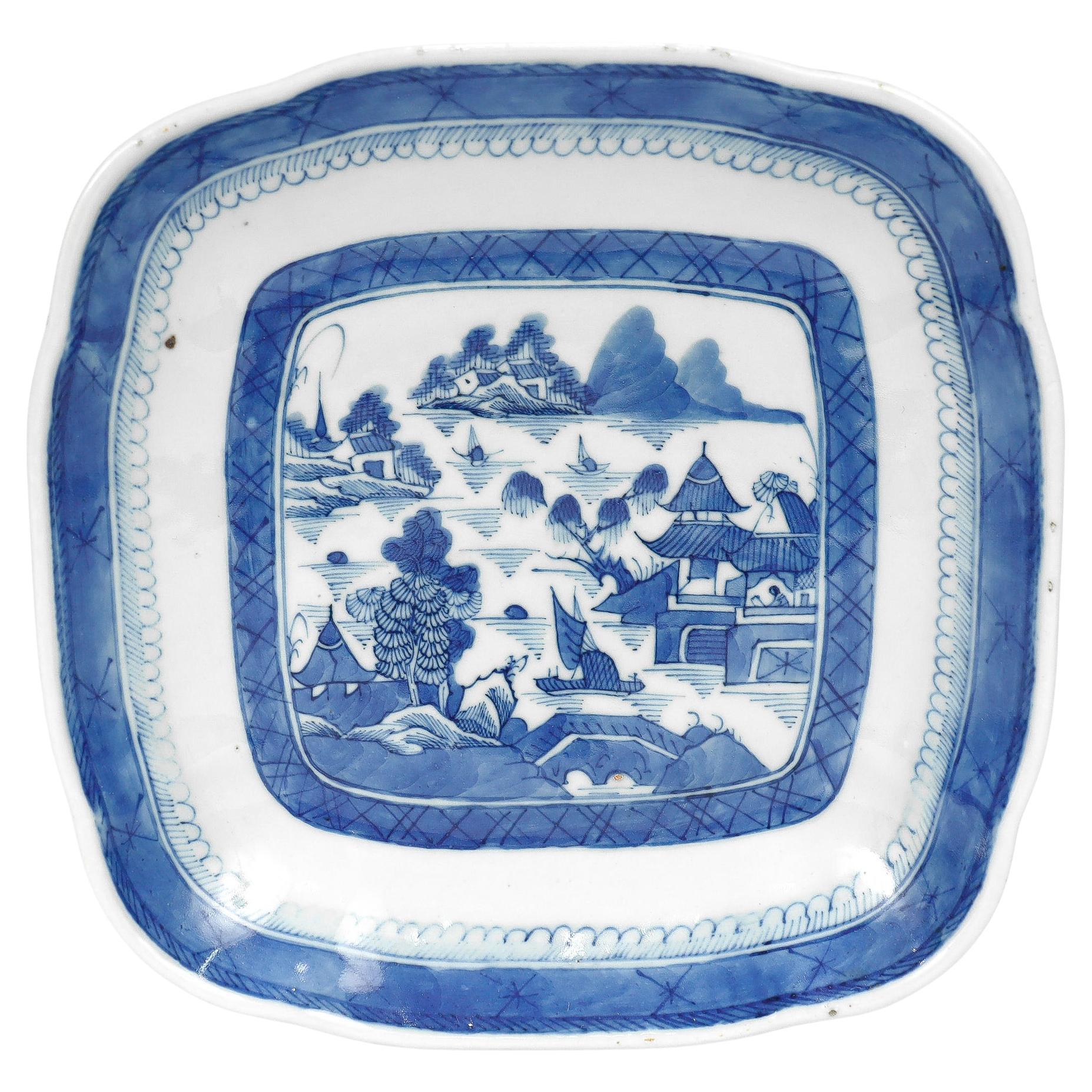 Antique Chinese Export Blue & White Canton Porcelain Square Serving Plate