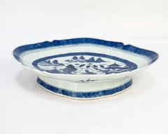 Antique Chinese Export Blue & White Canton Porcelain Tazza / Footed Serving Tray