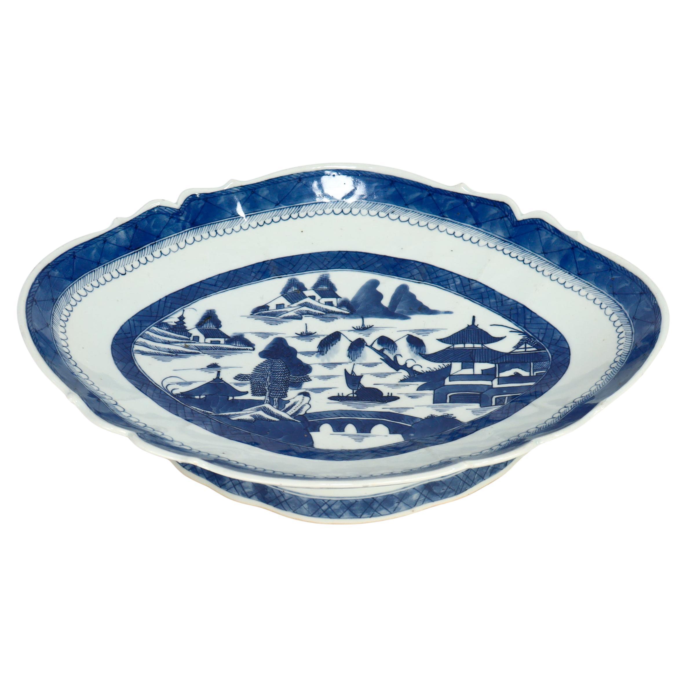 Antike chinesische Export Blau
Weiß Kanton Porzellan Tazza / Footed servieren Tablett