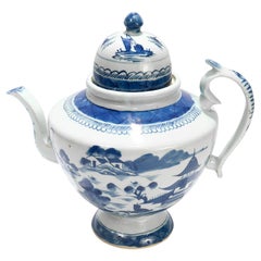 Antique Chinese Export Blue & White Canton Porcelain Tea Pot