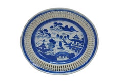 Antique Chinese Export Canton Blue White Reticulated Serving Plate & Basket
