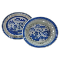 Antique Chinese Export Canton Blue White Reticulated Serving Plate & Basket
