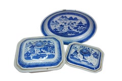 Antique Chinese Export Canton Blue White Serving Platter & Vegetable Tureens