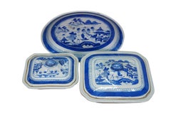 Antique Chinese Export Canton Blue White Serving Platter & Vegetable Tureens