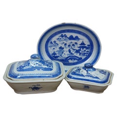 Antique Chinese Export Canton Blue White Serving Platter & Vegetable Tureens