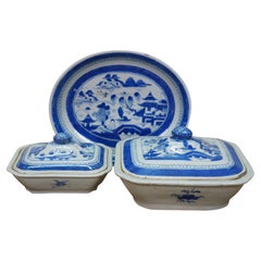 Antique Chinese Export Canton Blue White Serving Platter & Vegetable Tureens