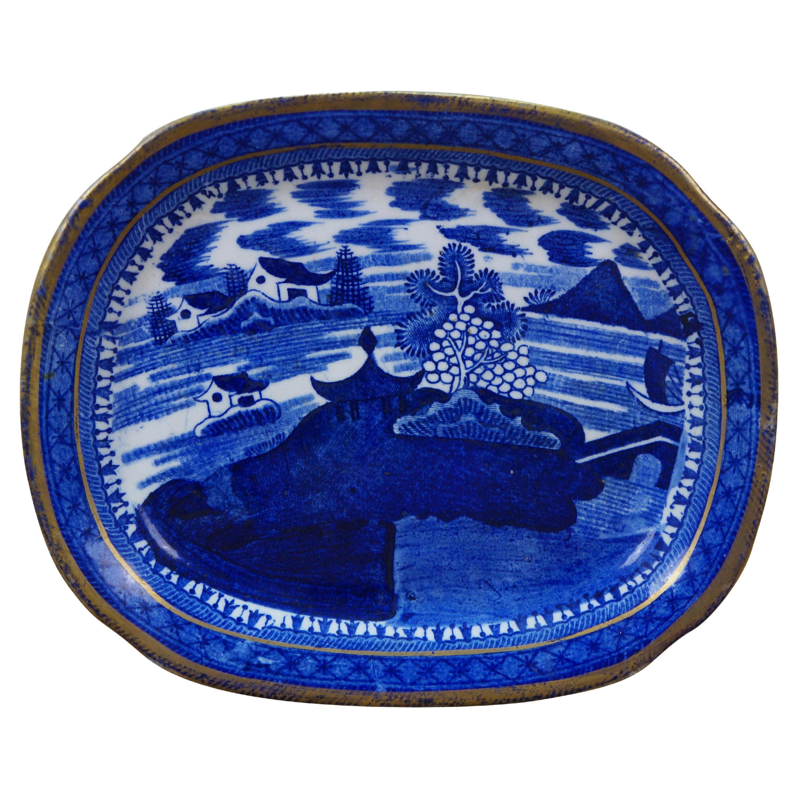 Antique Chinese Export Canton Blue Willow Gilt Plate Platter Tray 8"