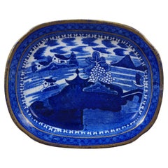 Antiguo plato chino de exportación azul de Cantón de sauce dorado Bandeja de 8 Antiguo plato chino de exportación azul de Cantón de sauce dorado Bandeja de 8