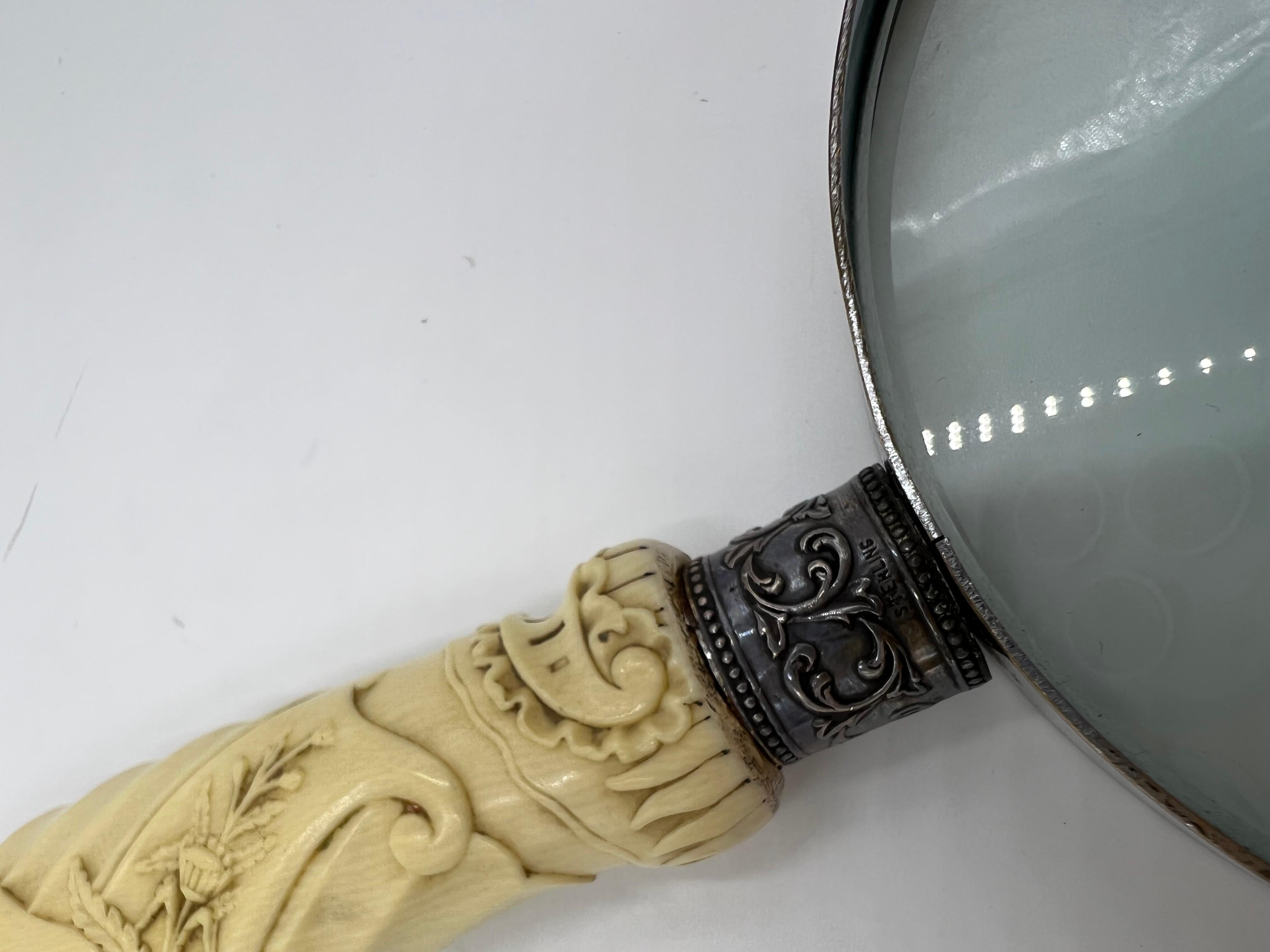 Antique Chinese Export Carved Bone & Sterling Silver Magnifying Glass For Sale 9