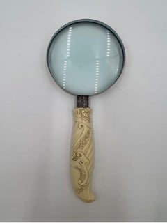 Antique Chinese Export Carved Bone & Sterling Silver Magnifying Glass