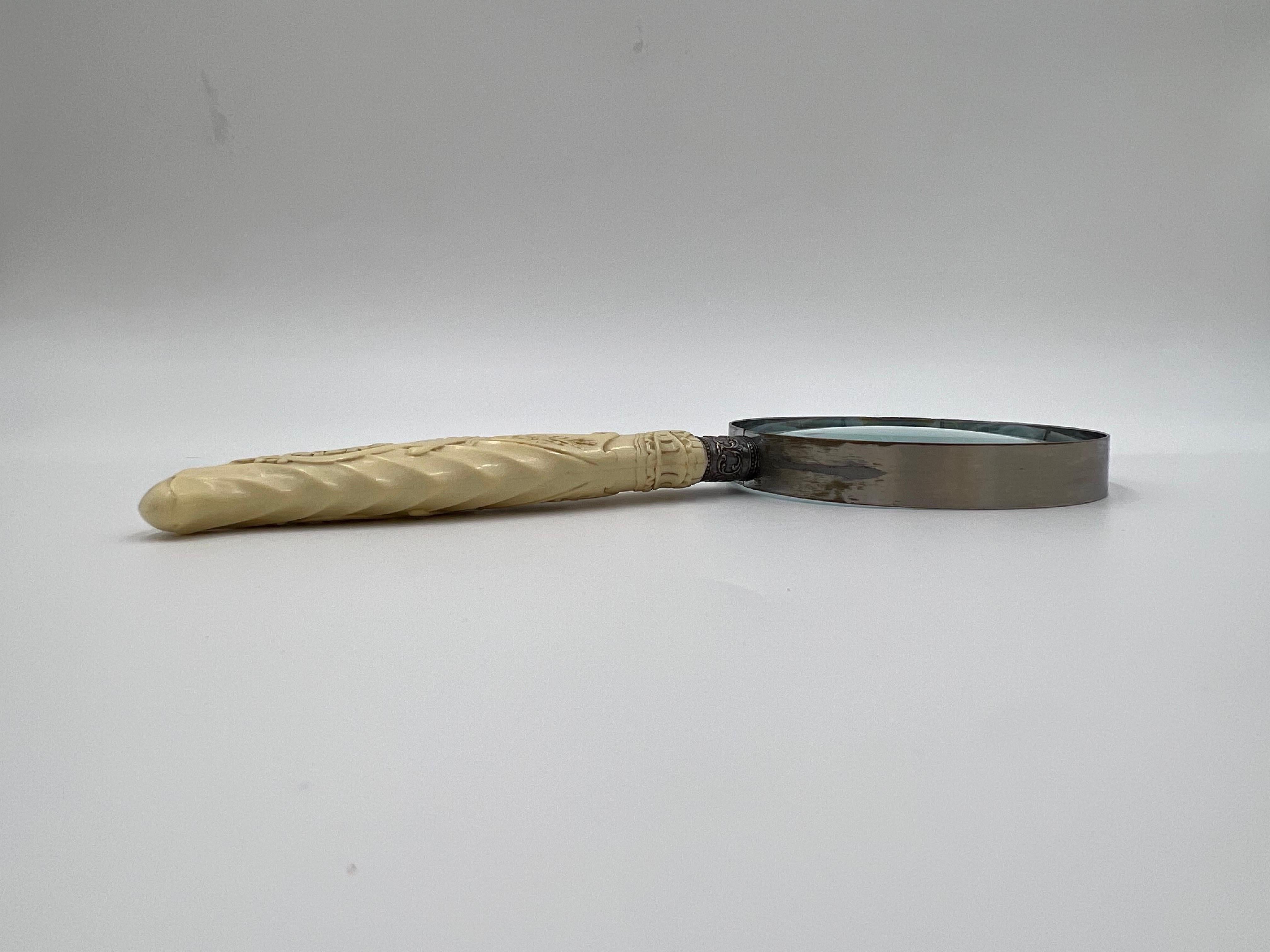 19th Century Antique Chinese Export Carved Bone & Sterling Silver Magnifying Glass For Sale