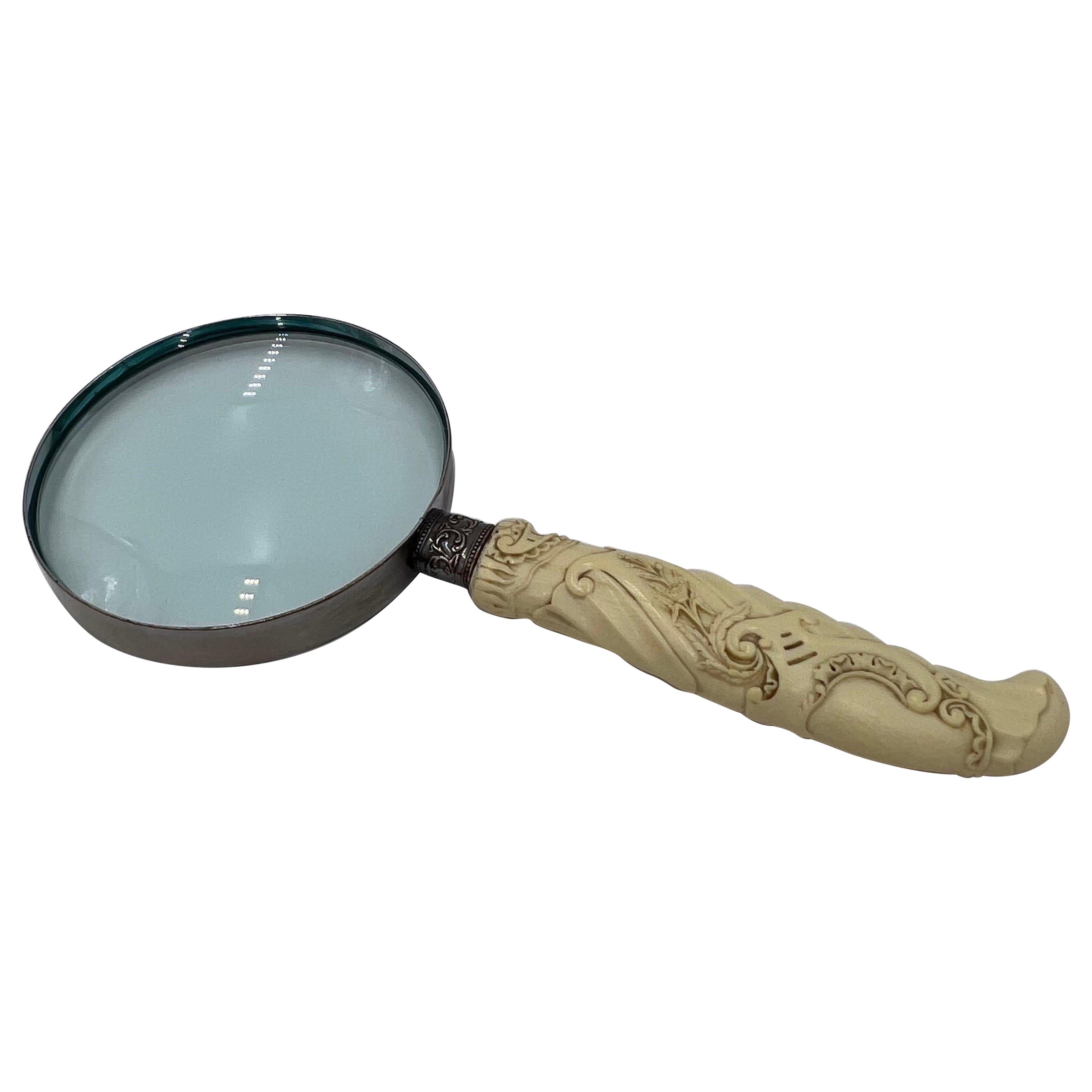 Loupe ancienne en os sculpté d'exportation chinoise et en argent sterling en vente