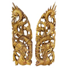 Antique Chinese Export Carved Wood Dragon Wall Accents, a Pair
