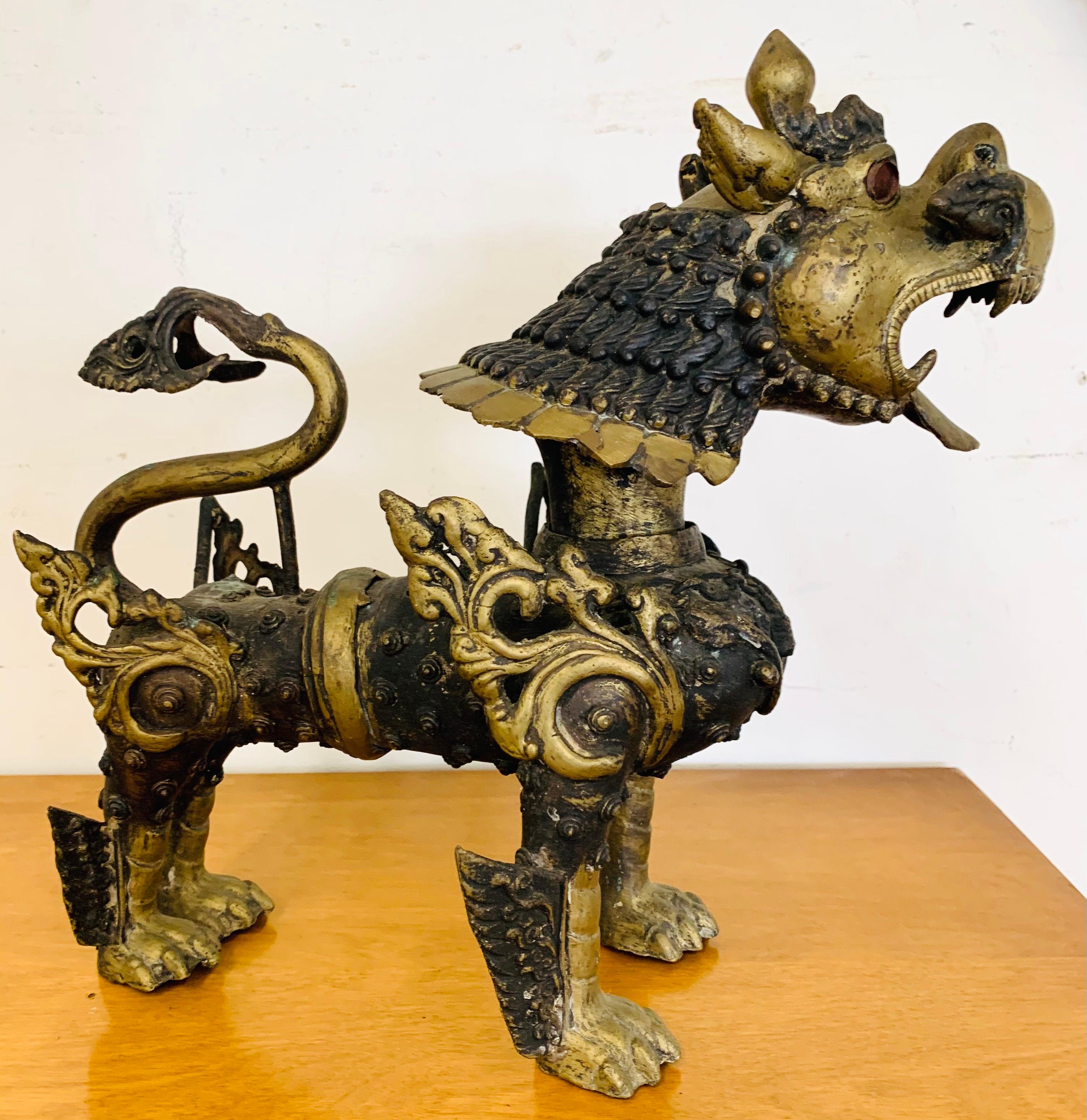 Antique Chinese Export Cast Brass Pair of Foo Dogs 6