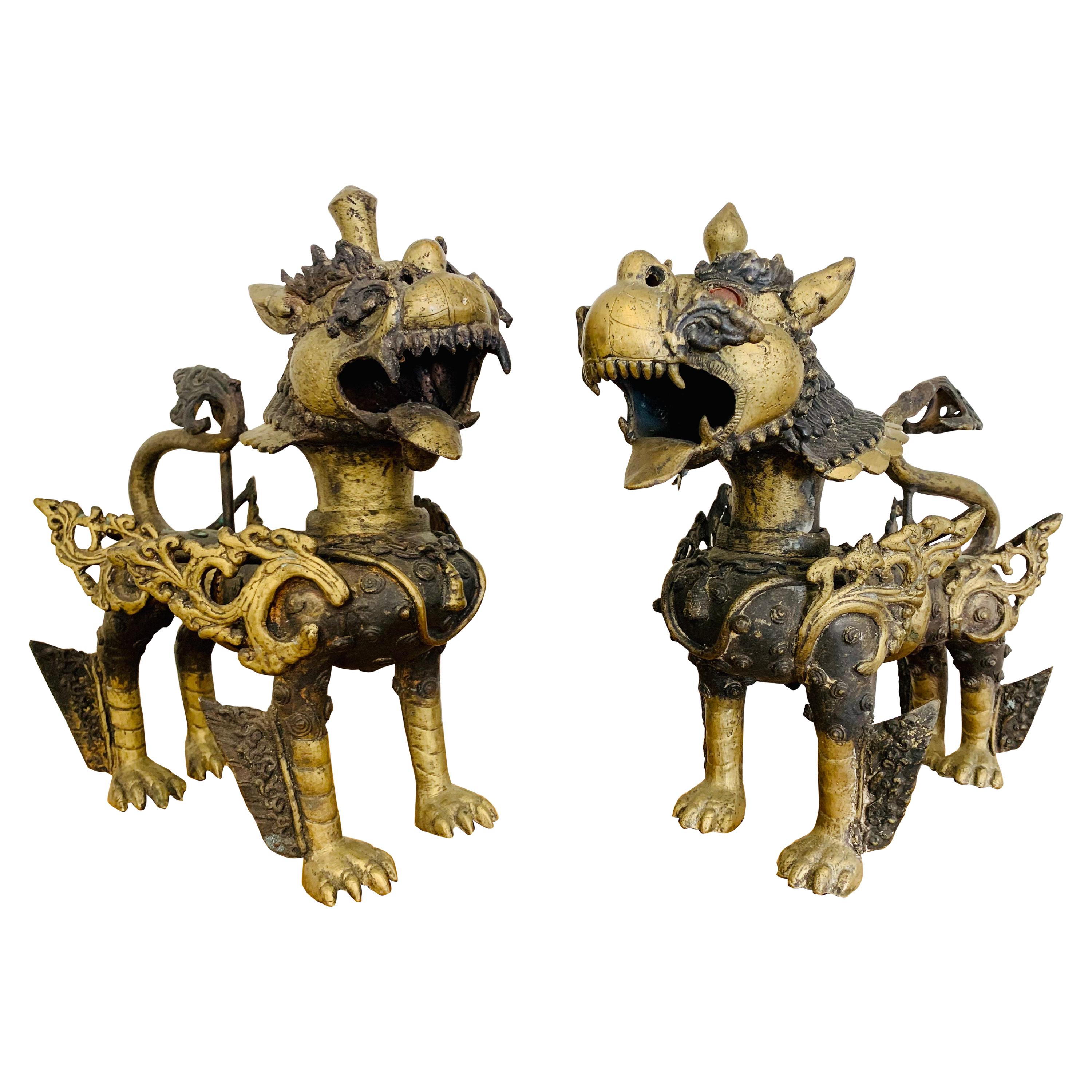 Antique Chinese Export Cast Brass Pair of Foo Dogs
