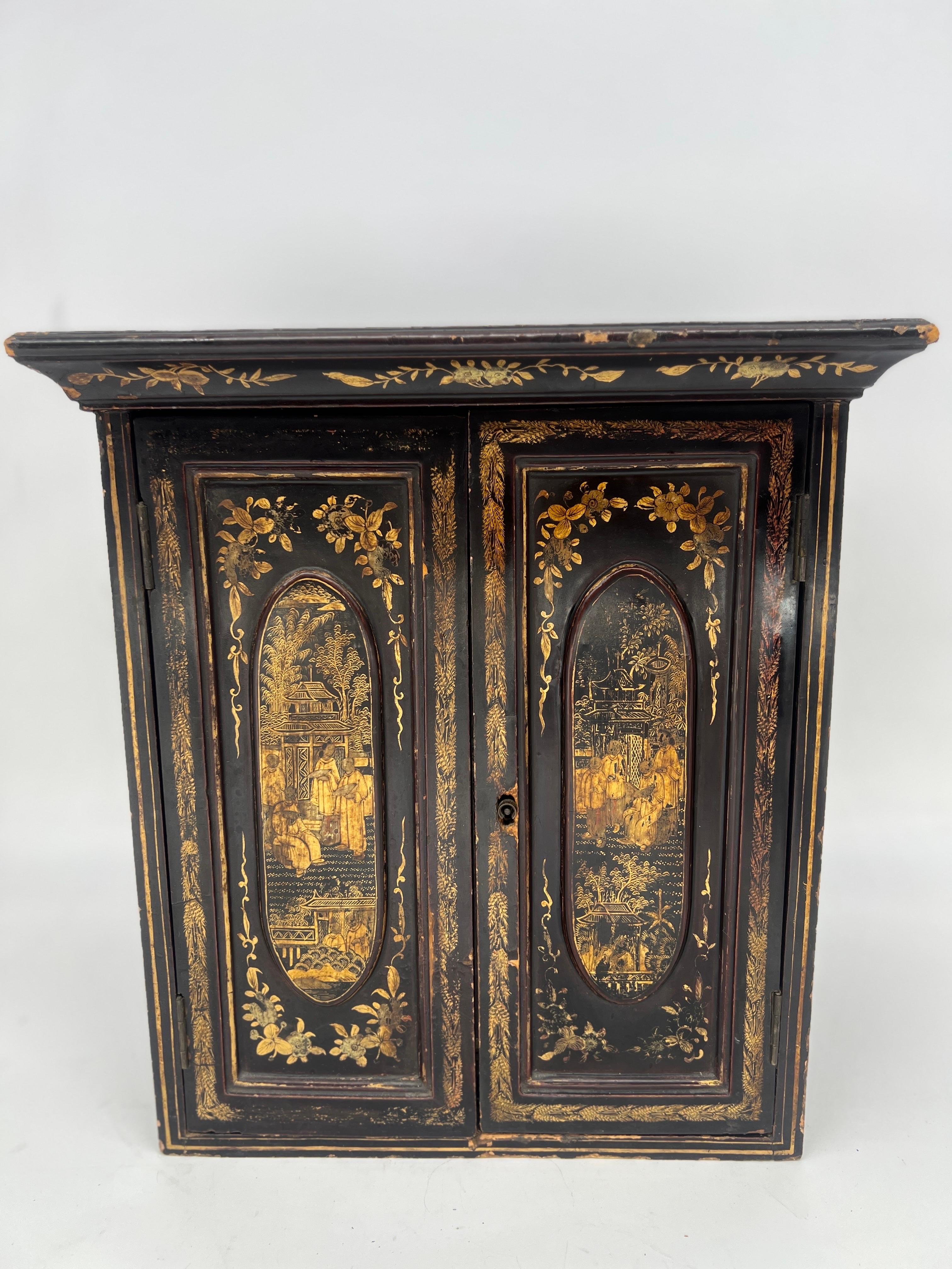 British Antique Chinese Export Chinoiserie Decorated Collector or Jewelry Cabinet