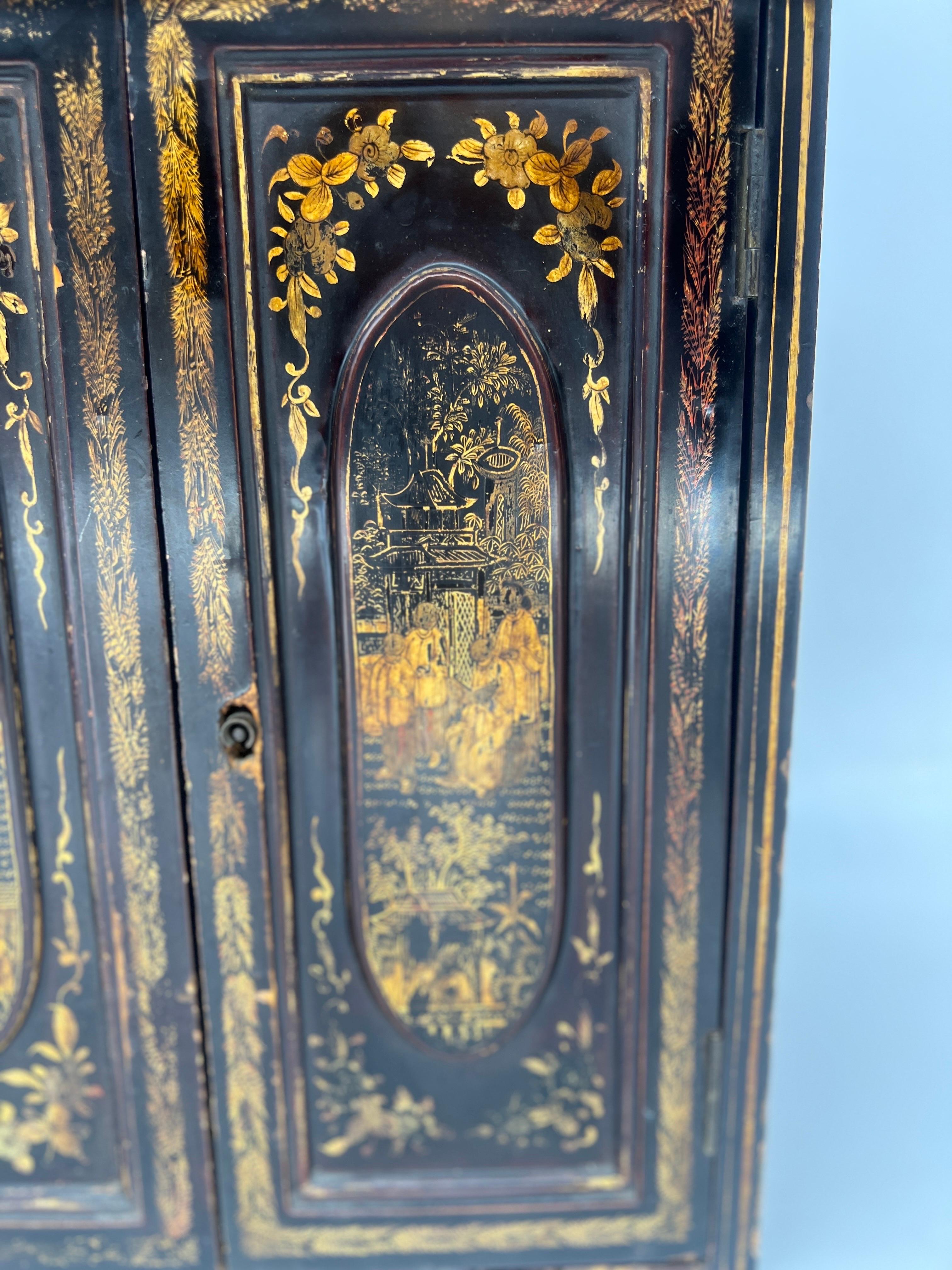 Wood Antique Chinese Export Chinoiserie Decorated Collector or Jewelry Cabinet