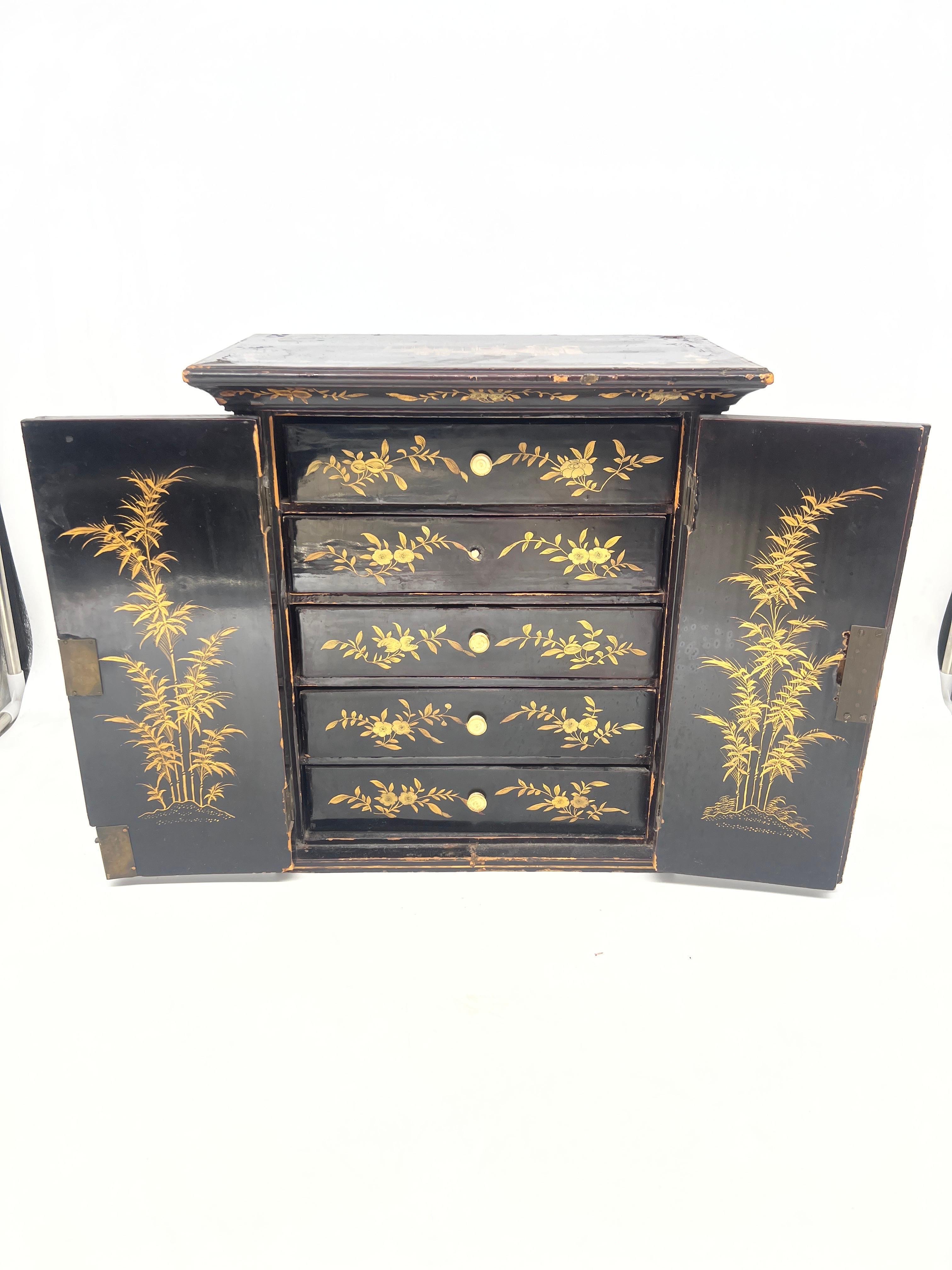 Antique Chinese Export Chinoiserie Decorated Collector or Jewelry Cabinet 1
