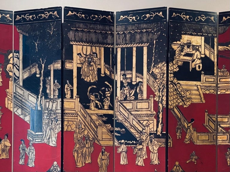Chinese Export Coromandel lacquer and gilt six fold screen.

Exceptional and rare six panel intaglio lacquer carving from the mid-20th century. It depicts courtly figures in a continuous pavilion scene. The reverse is decorated with tree and flower