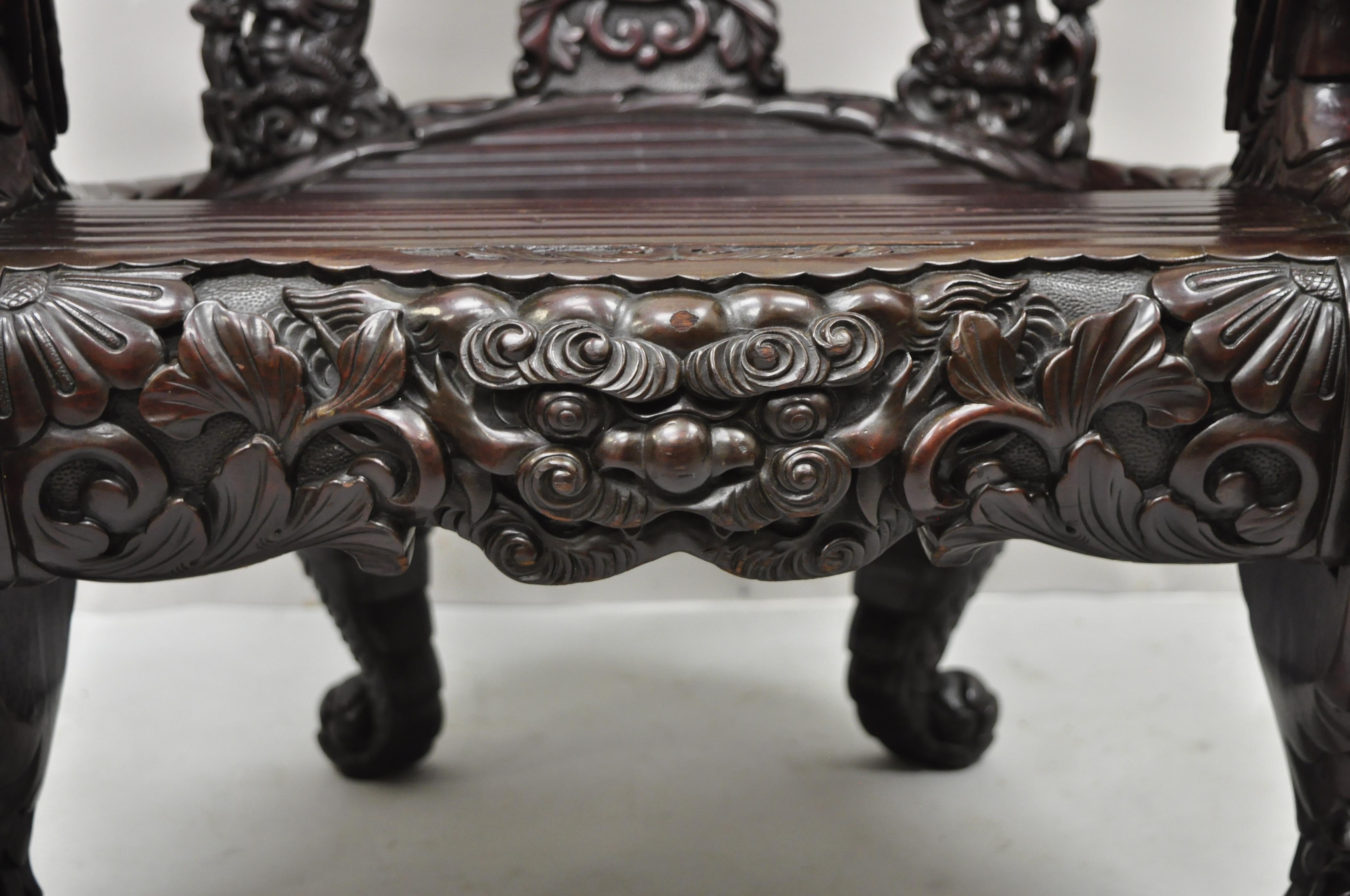Antique Japanese Meiji Period Dragon Carved Hardwood Lounge Throne Arm Chair 3