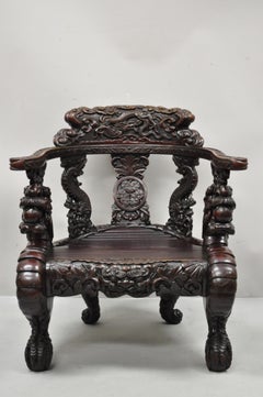Antique Japanese Meiji Period Dragon Carved Hardwood Lounge Throne Arm Chair