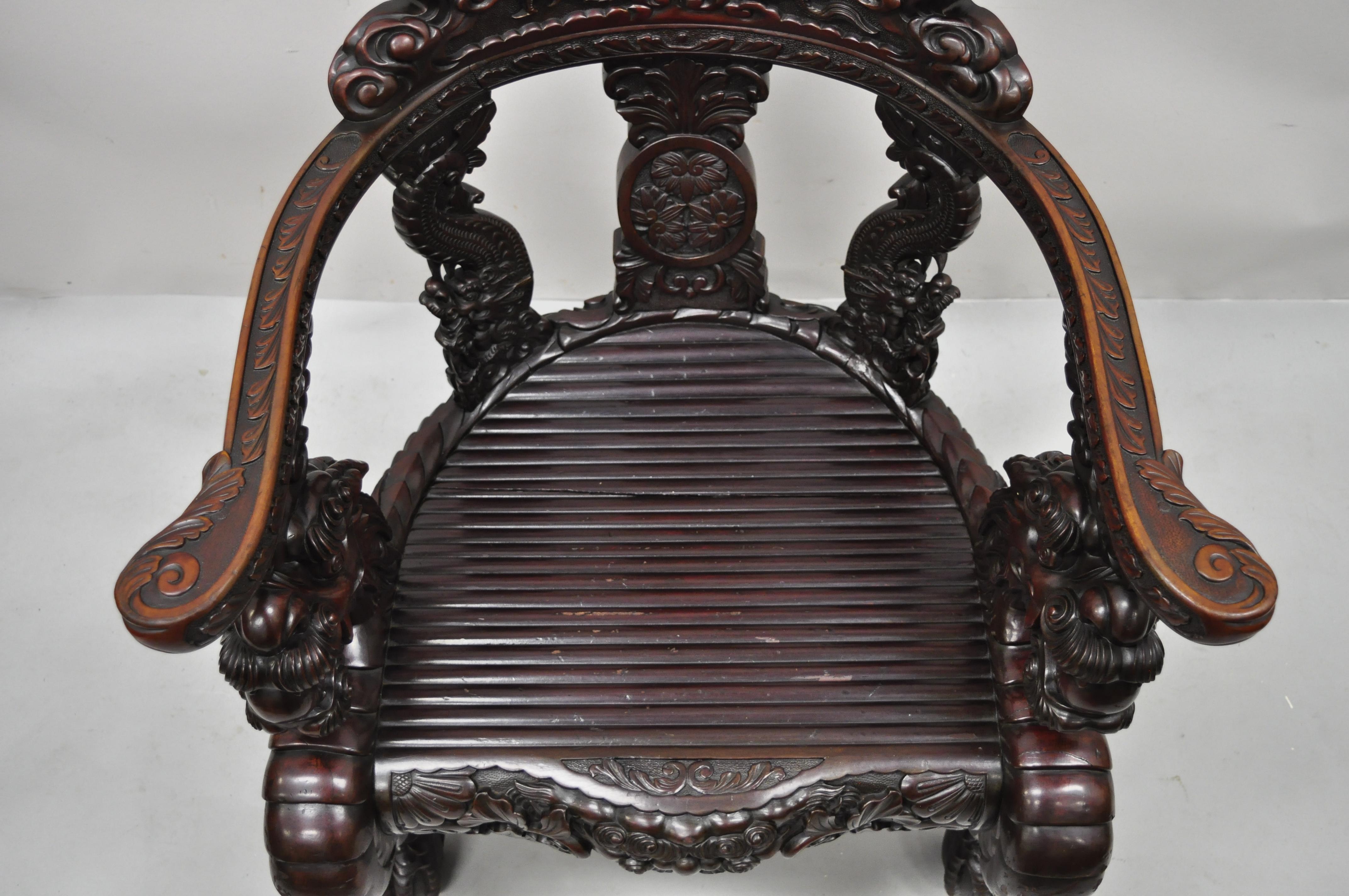 Antique Japanese Meiji Period Dragon Carved Hardwood Lounge Throne Arm Chair In Good Condition In Philadelphia, PA