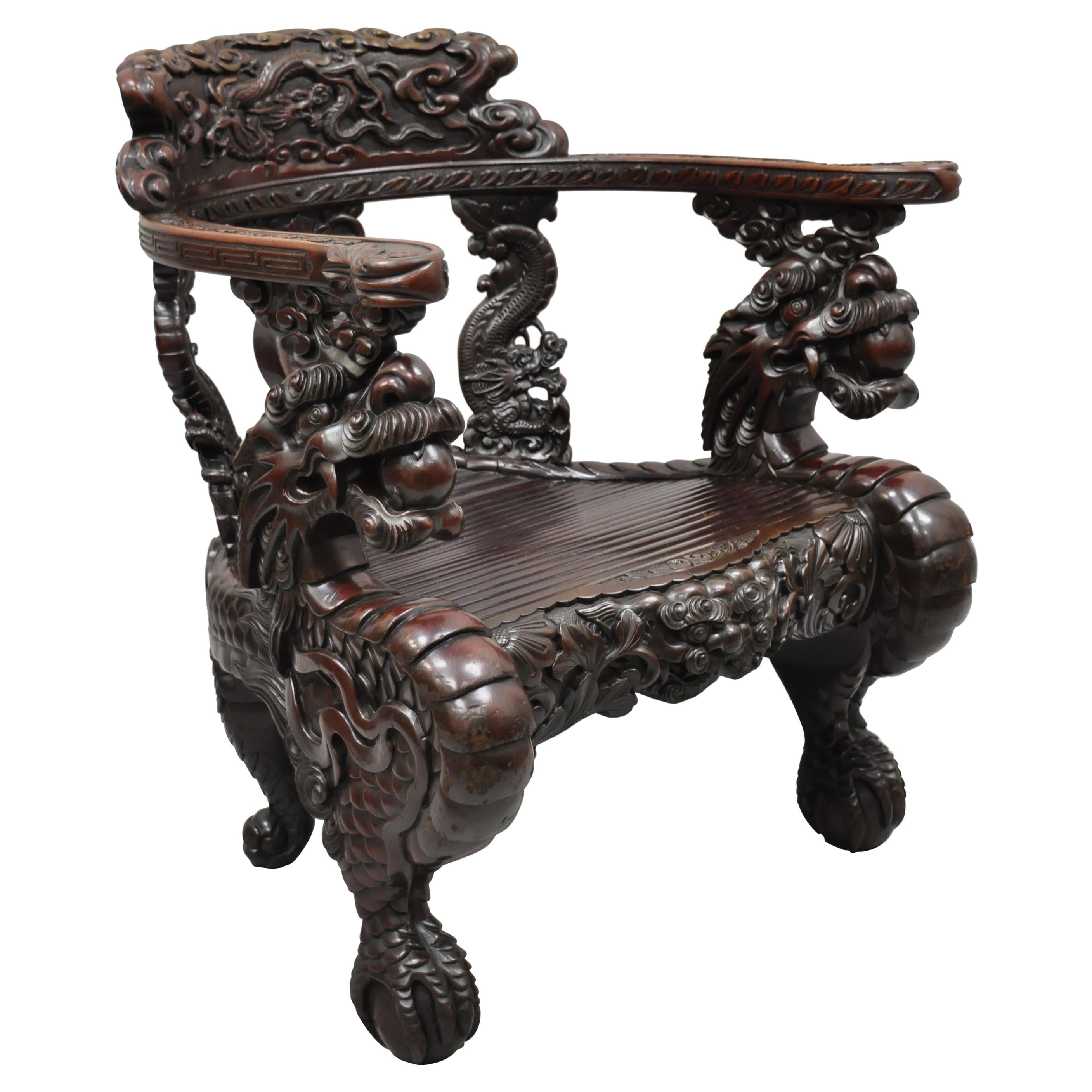 Antique Japanese Meiji Period Dragon Carved Hardwood Lounge Throne Arm Chair