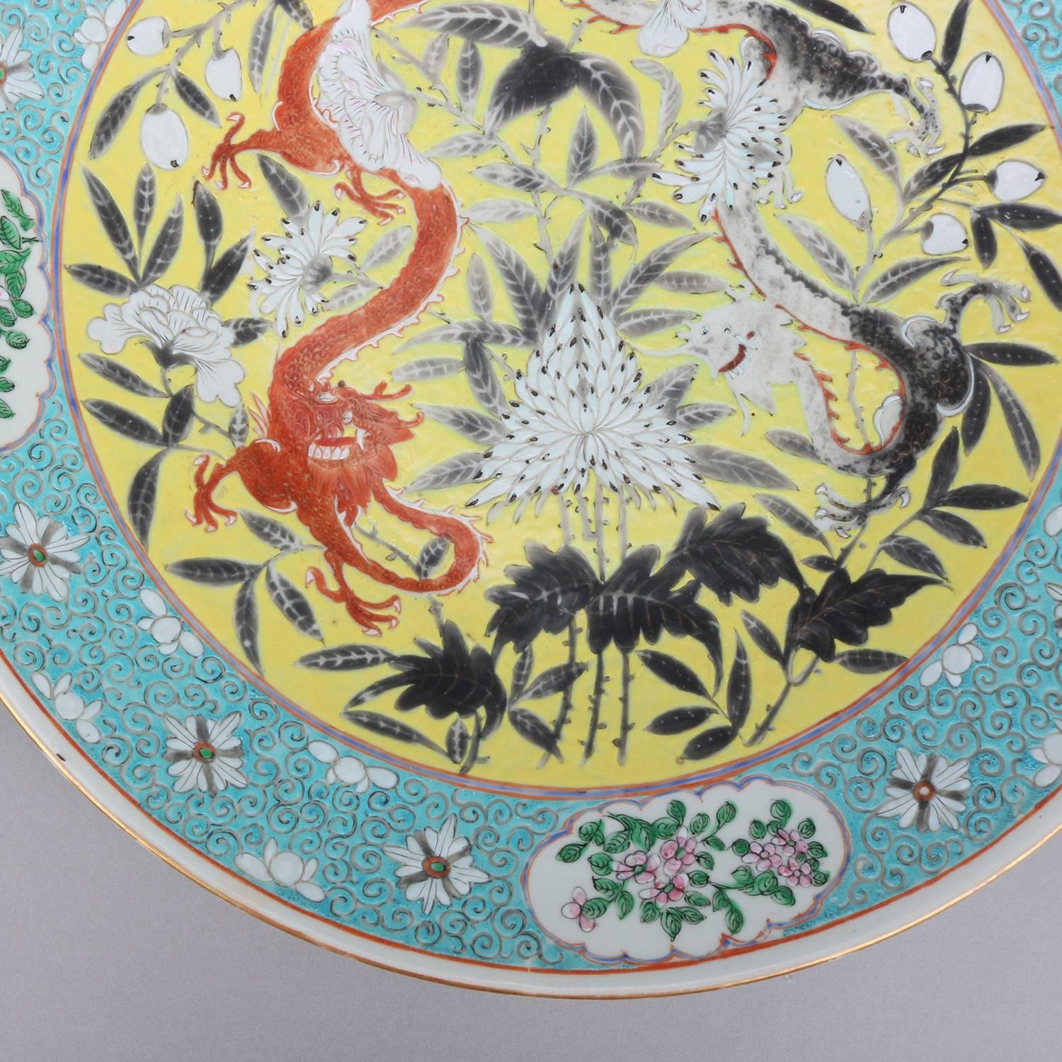 Chinese Export Famille Rose Enameled Porcelain Charger, Floral with Dragons In Good Condition In Big Flats, NY