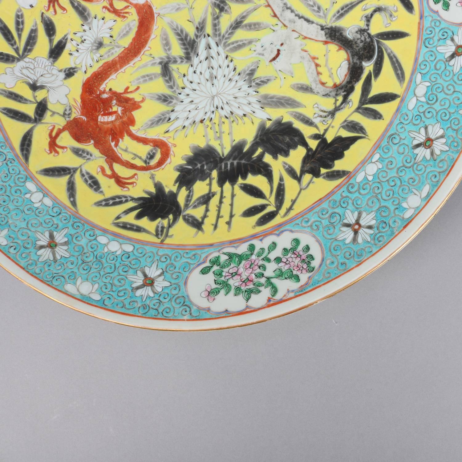 19th Century Chinese Export Famille Rose Enameled Porcelain Charger, Floral with Dragons
