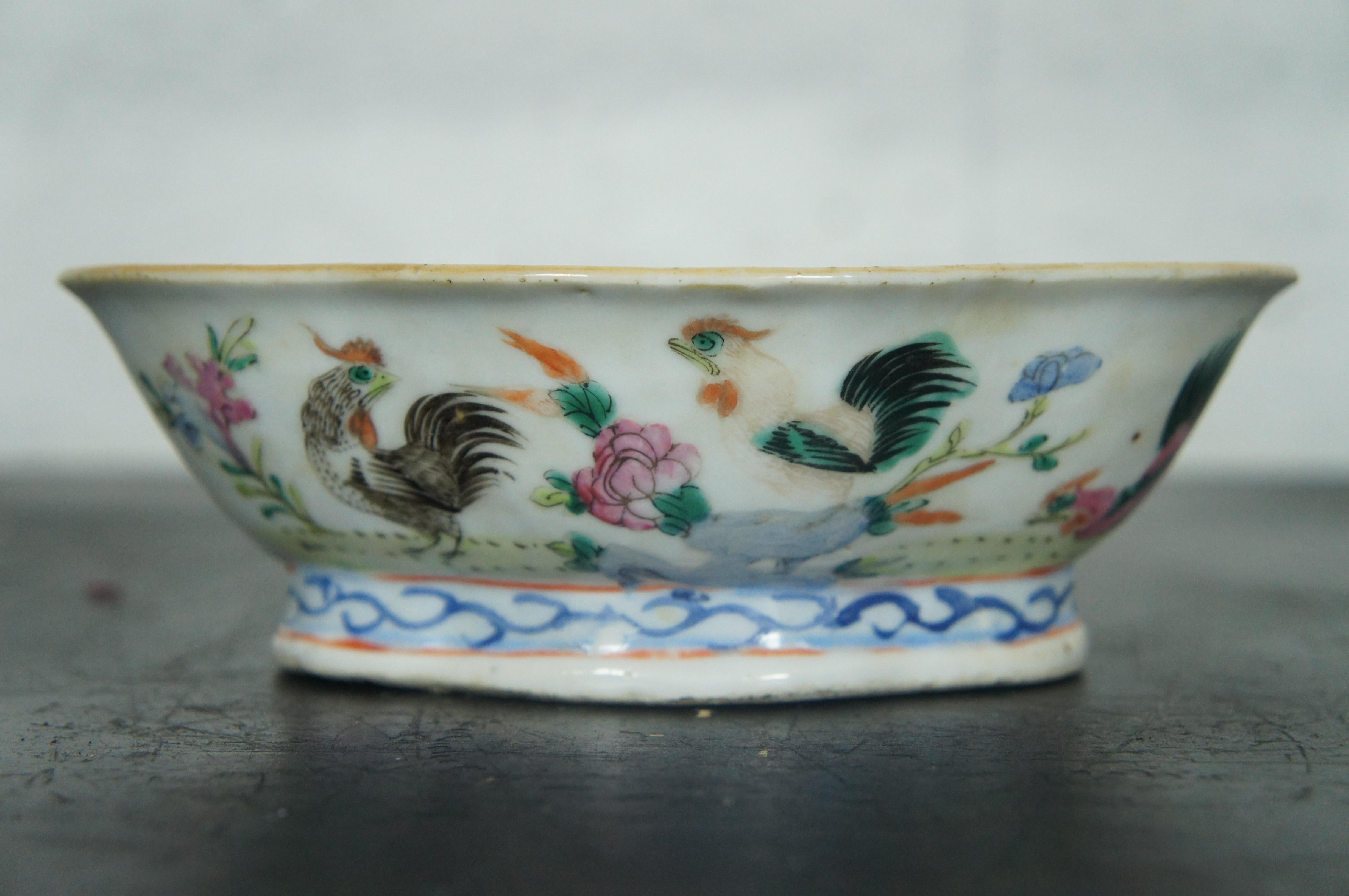 Antique Chinese Export Famille Rose Footed Rooster & Hen Bowl Chop Suey 7.5