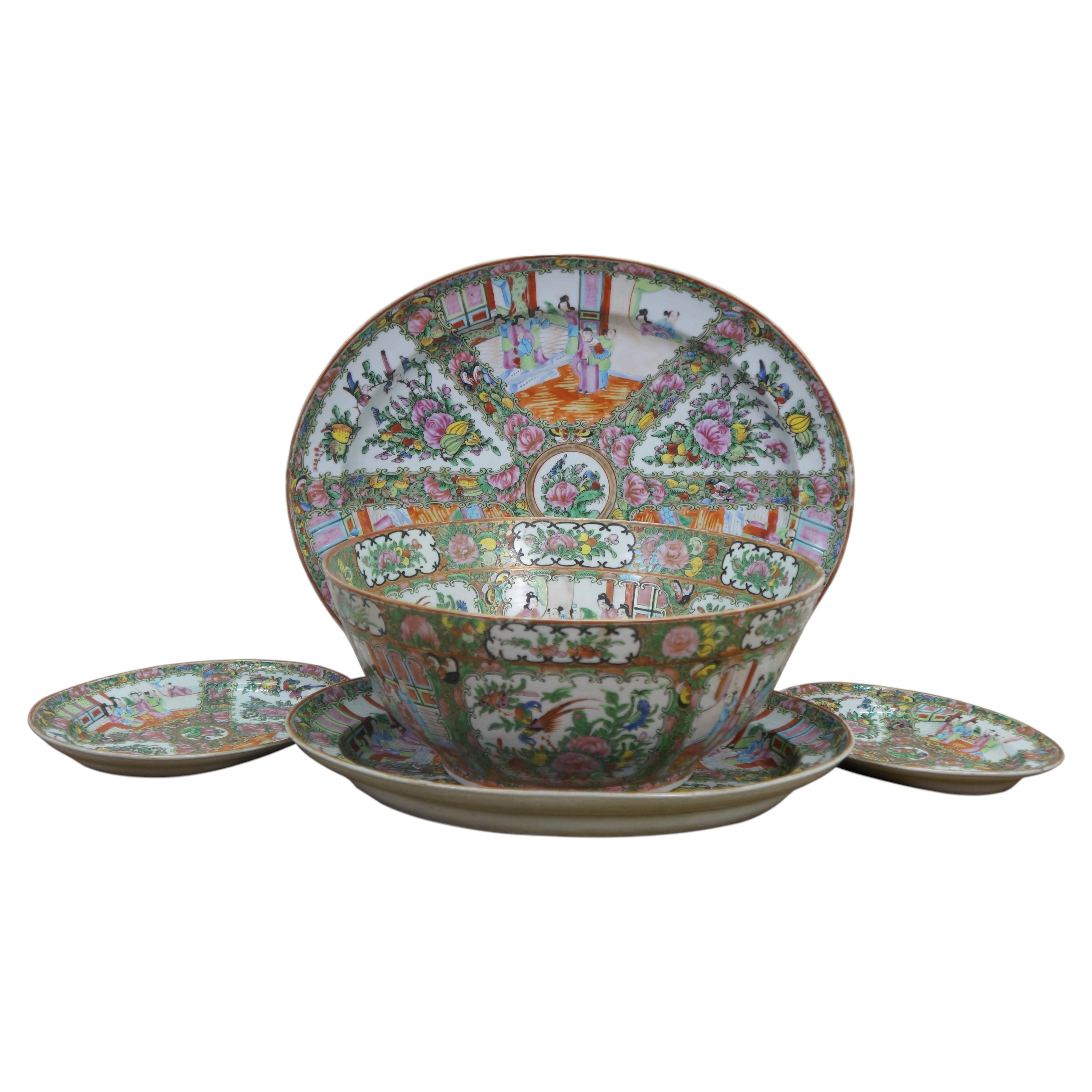 Antique Chinese Export Famille Rose Medallion Porcelain Serving Bowl & Platters