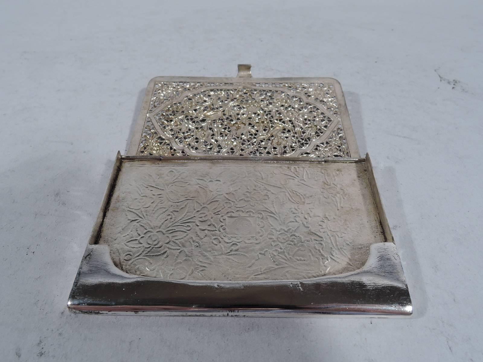 20th Century Antique Chinese Export Filigree Silver Card Case with Birds and Flowers