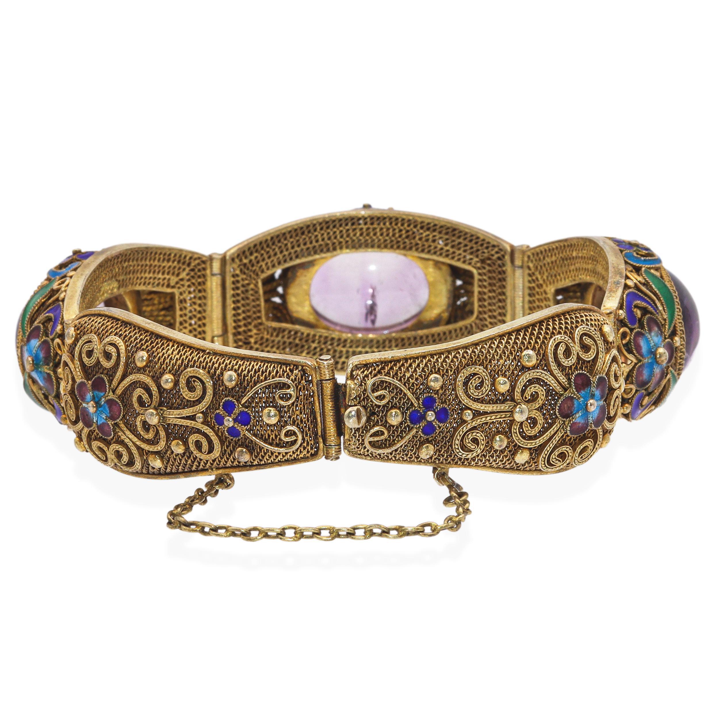 Women's Antique Chinese Export Gilt Amethyst Filigree Enamel Bracelet For Sale