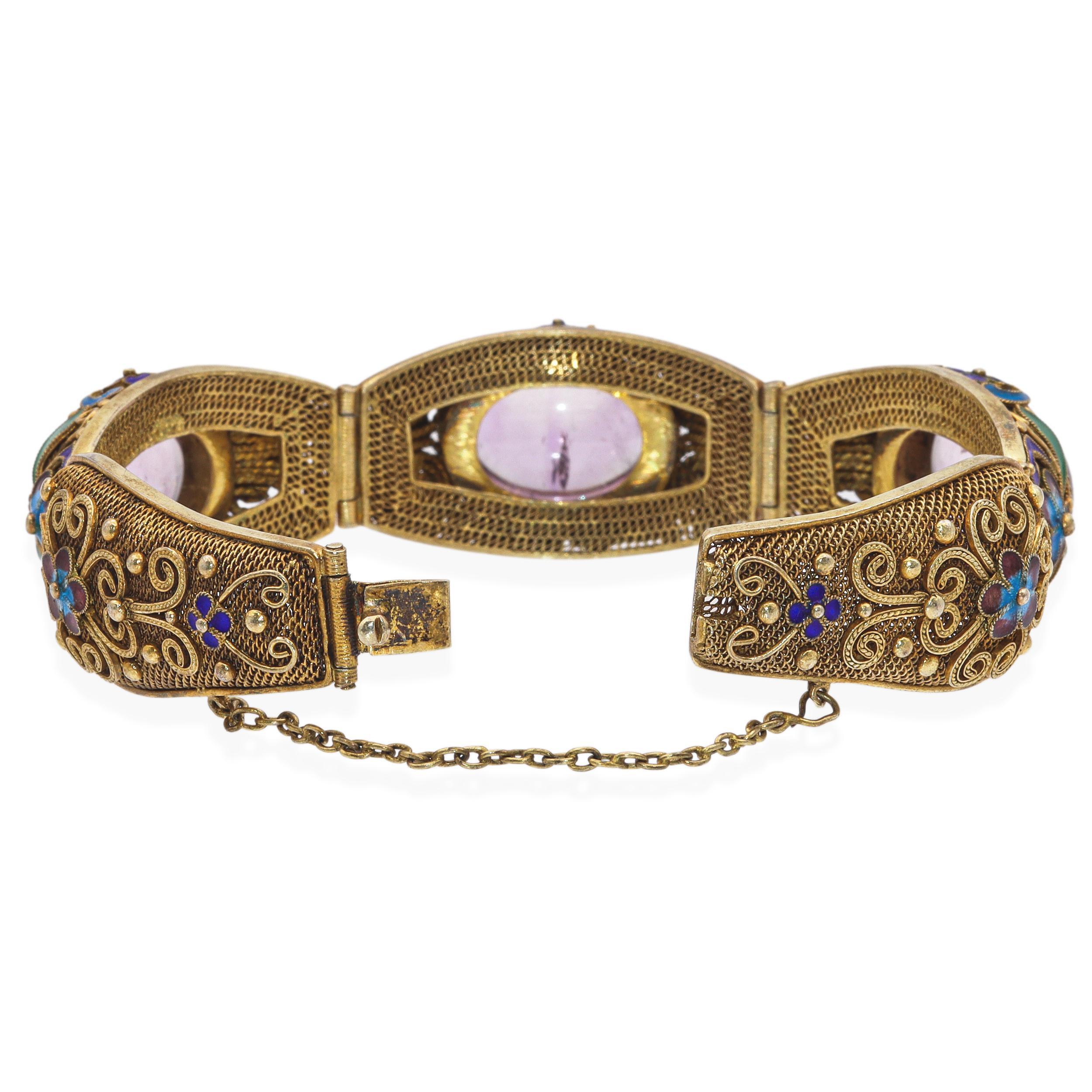 Antique Chinese Export Gilt Amethyst Filigree Enamel Bracelet For Sale 1