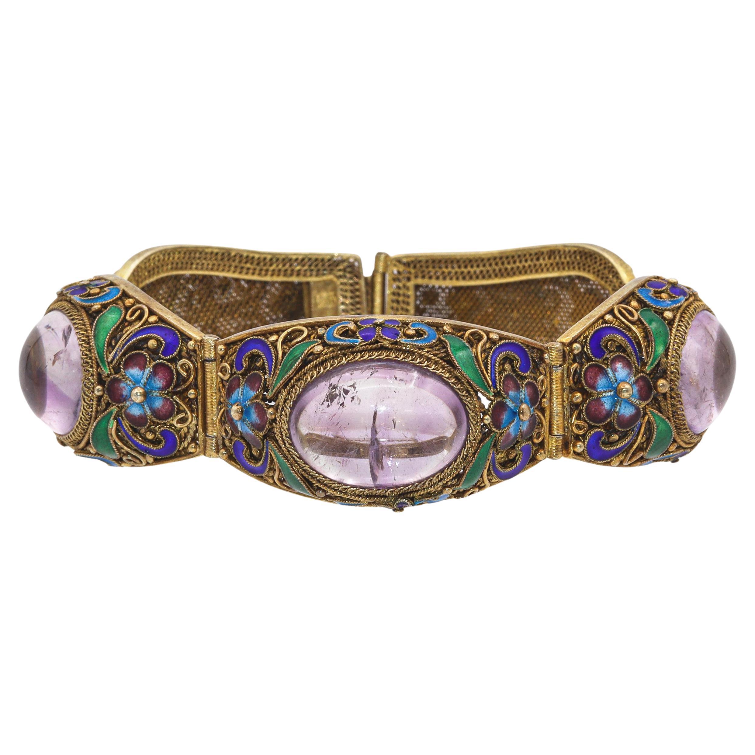 Antique Chinese Export Gilt Amethyst Filigree Enamel Bracelet For Sale