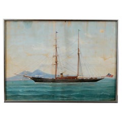 Antique Chinese Export Gouache Painting "American Steamship Yacht"Signed 19th C.