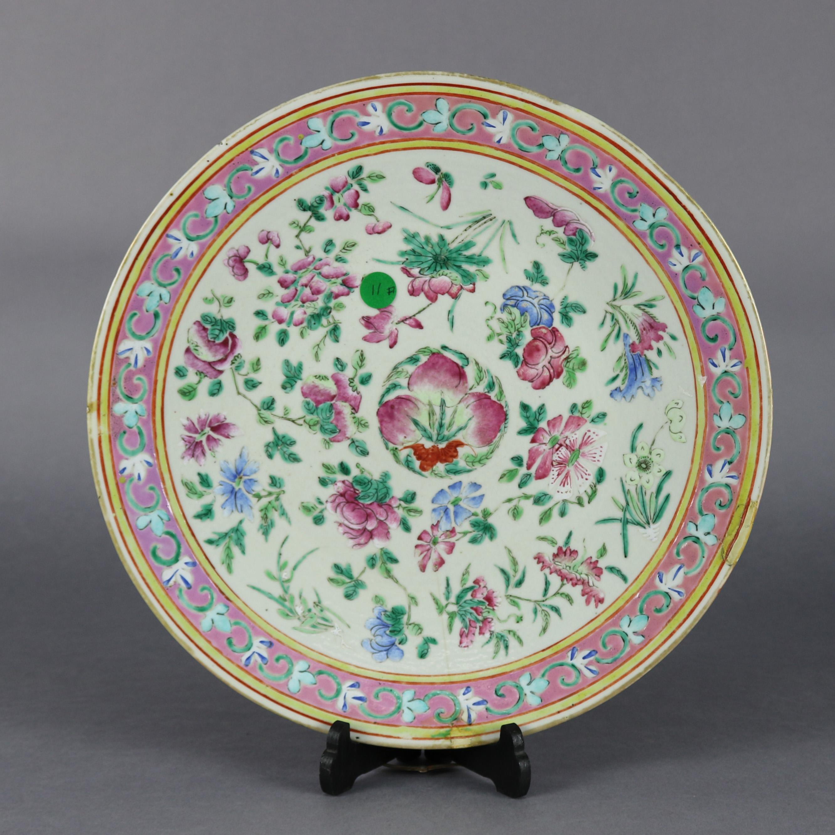 Ceramic Antique Chinese Export Hand Painted Porcelain Floral Charger, Early 20th Century