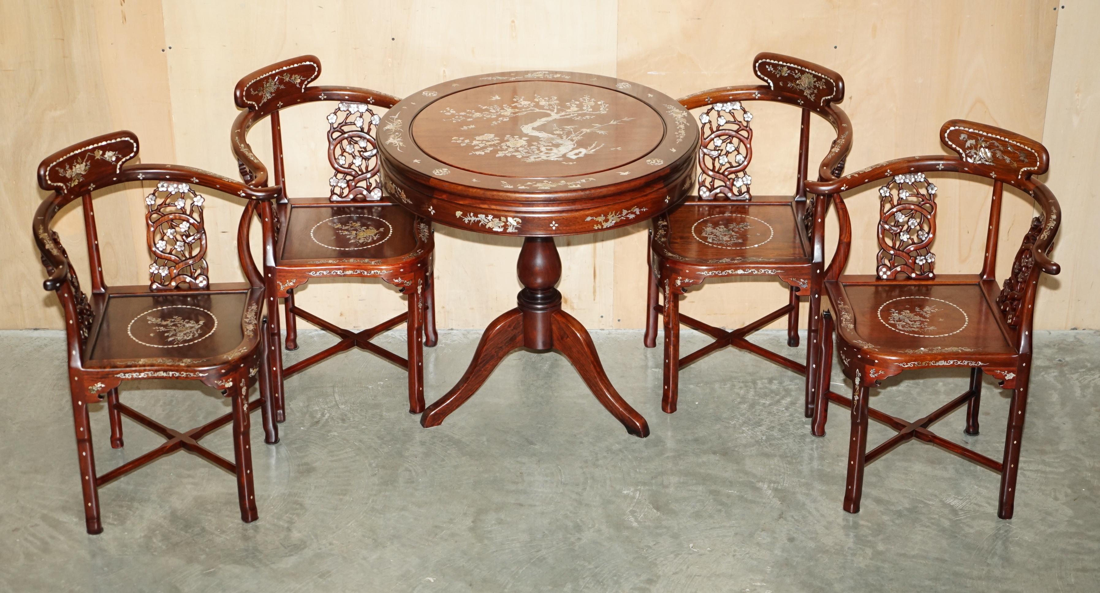 Royal House Antiques

Royal House Antiques is delighted to offer for sale this absolutely lovely antique Chinese Export Circa 1920-1940 Rosewood with ornate Bird & Flowers Mother of Pearl inlaid throughout, occasional table and four chairs

Please